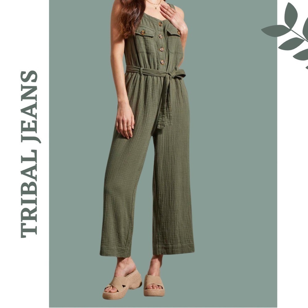Tribal Crinkle Gauze Jumpsuit Button Front Tie Waist Fern Green Size XS